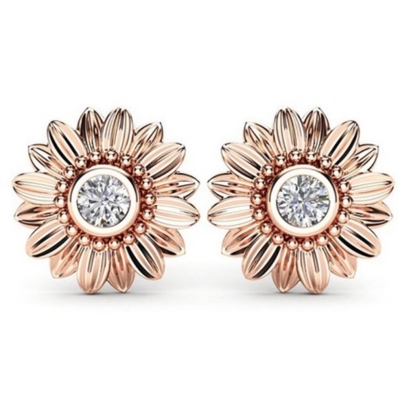 NEW 18K ROSE GOLD DIAMOND SUNFLOWER STUD EARRINGS - Picture 1 of 4